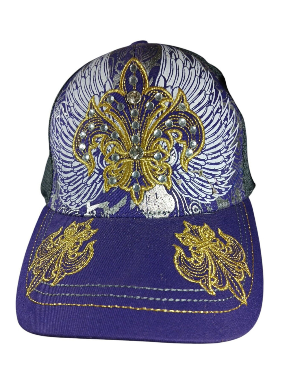 KBethos Snapback Mesh Hat Saints Fleur-de-lis Purple Gold Rhinestone Embellished